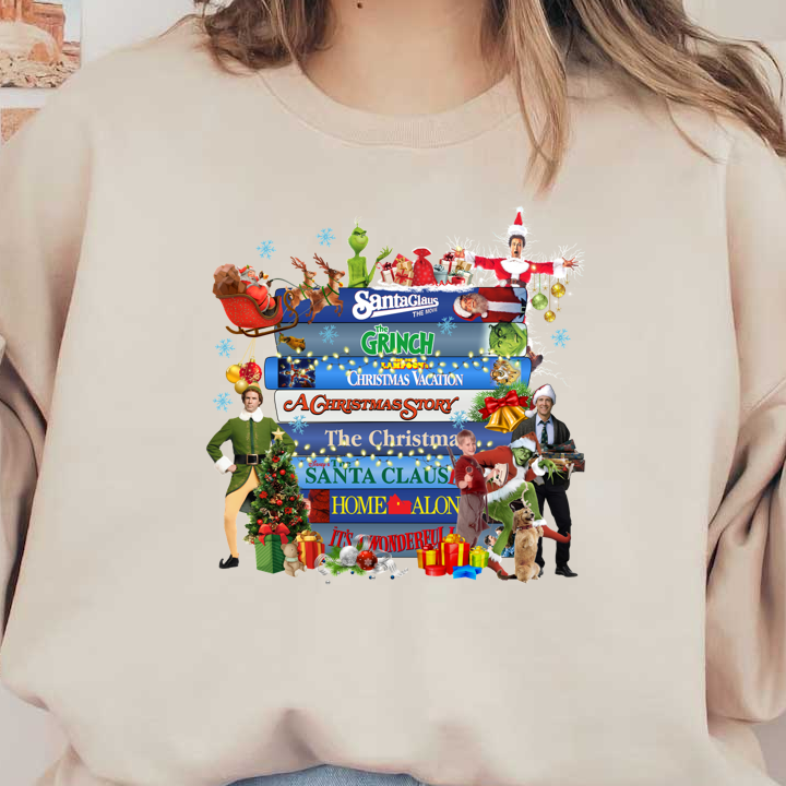 A festive collection of classic holiday movie titles, featuring iconic characters and Christmas-themed decorations, perfect for holiday cheer!DTF Transfers dtf prints