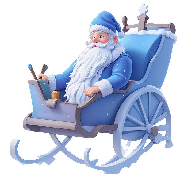 A cheerful Santa Claus in a blue sleigh, holding a pencil and notebook, ready for festive planning.DTF Transfers dtf prints