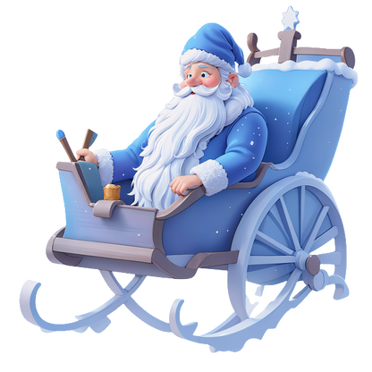 A cheerful Santa Claus in a blue sleigh, holding a pencil and notebook, ready for festive planning.DTF Transfers dtf prints