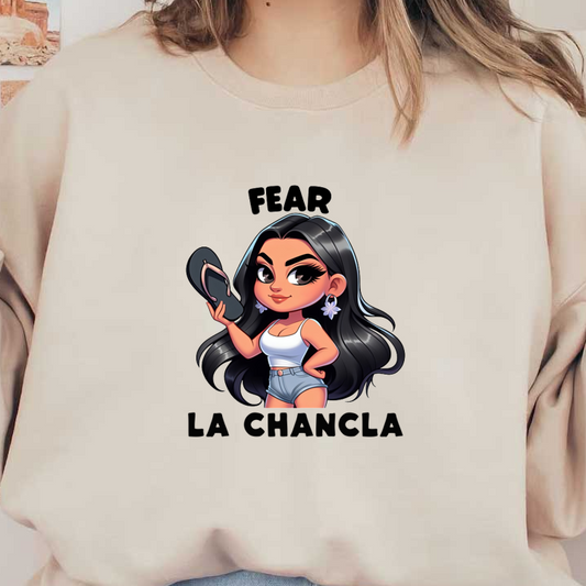 A playful cartoon character confidently holds a flip-flop, embodying the humorous phrase "Fear La Chancla." dtf transfers