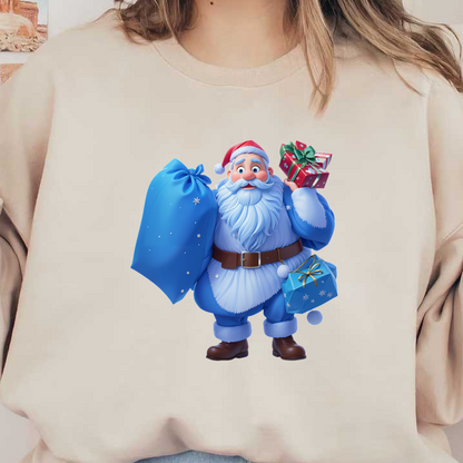 A cheerful, cartoon-style Santa Claus in a blue outfit holds a bag and colorful wrapped gifts, spreading festive joy.DTF Transfers heat press transfers