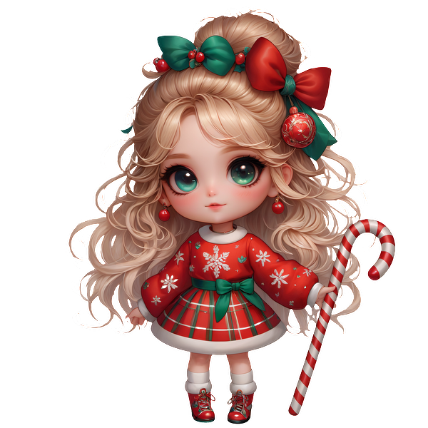 A charming Christmas doll with curly blond hair, festive attire, and a candy cane, radiating holiday cheer and joy.DTF Transfers dtf prints