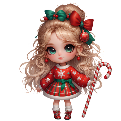 A charming Christmas doll with curly blond hair, festive attire, and a candy cane, radiating holiday cheer and joy.DTF Transfers dtf prints