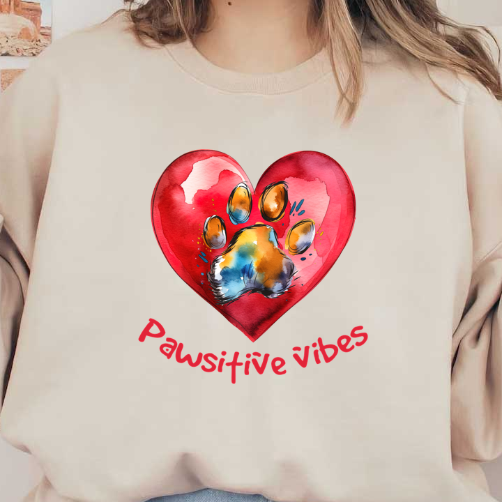 Un vibrante diseño de acuarela que presenta una colorida huella de pata dentro de un corazón, acompañada de la frase "Pawsitive vibes".