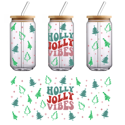 A festive design featuring the phrase "Holly Jolly Vibes" amidst colorful Christmas trees and snowflakes, perfect for holiday cheer!UV Transfers dtf prints