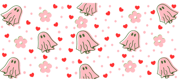 A whimsical pattern featuring cute pink ghosts, flowers, and hearts against a black background, perfect for playful designs.UV Transfers heat press transfers