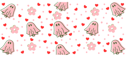 A whimsical pattern featuring cute pink ghosts, flowers, and hearts against a black background, perfect for playful designs.UV Transfers heat press transfers