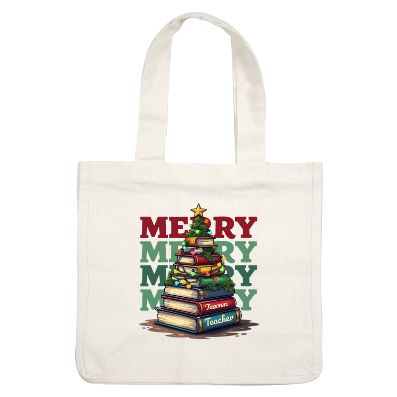 A festive design featuring stacked books decorated as a Christmas tree, adorned with lights, and fun "Merry" text.DTF Transfers