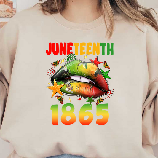 A vibrant graphic celebrating Juneteenth with colorful lips and bold text "Juneteenth 1865," showcasing cultural pride and heritage. heat press transfers