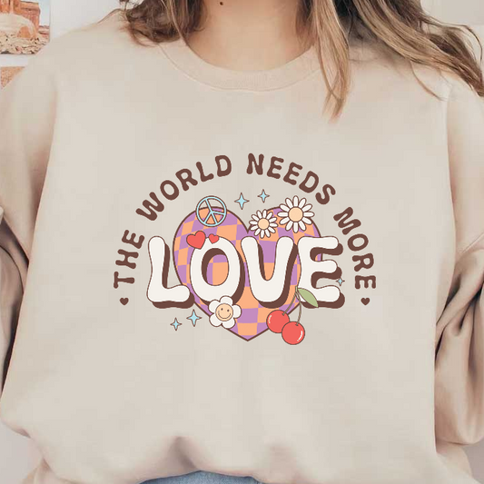 A vibrant illustration promoting positivity, featuring a heart design with flowers, cherries, and the message "The World Needs More Love."DTF Transfers