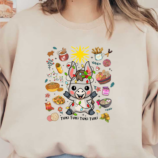 A cheerful cartoon donkey adorned with festive lights surrounded by a variety of delicious foods and colorful decorations.DTF Transfers dtf prints