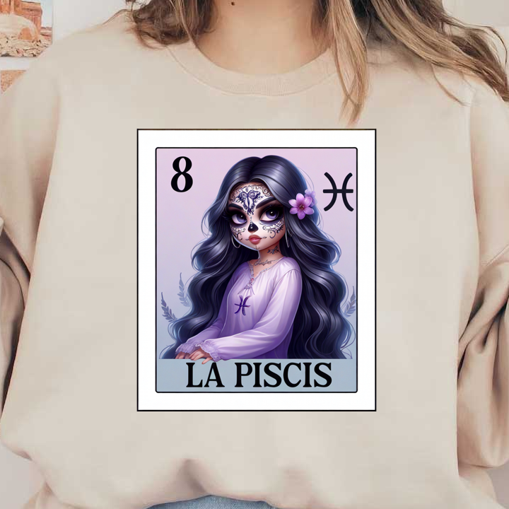 Una ilustración caprichosa que representa el signo zodiacal de Piscis, con una niña con maquillaje de calavera de azúcar y cabello largo y ondulado.