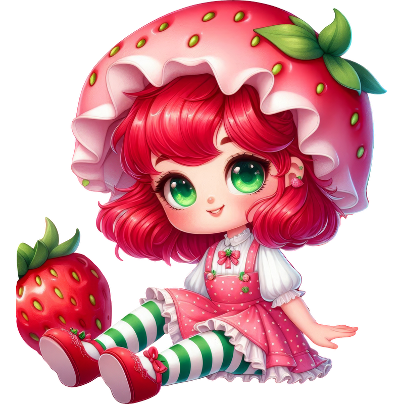 This whimsical illustration features a character wearing a cute strawberry-themed outfit, complete with a large strawberry hat and striped stockings.DTF Transfers