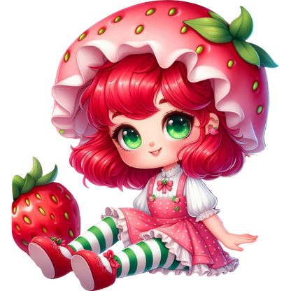 This whimsical illustration features a character wearing a cute strawberry-themed outfit, complete with a large strawberry hat and striped stockings.DTF Transfers