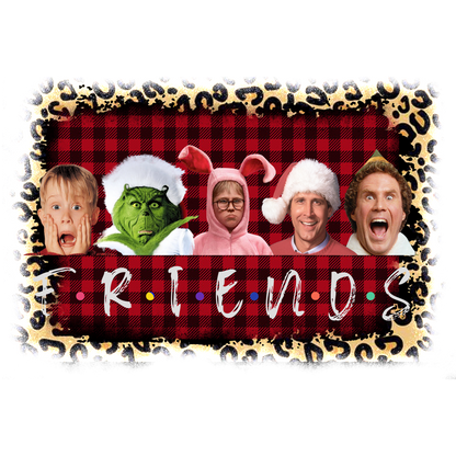 A playful design featuring five characters wearing festive costumes with the classic "F.R.I.E.N.D.S" logo on a plaid background.DTF Transfers dtf prints