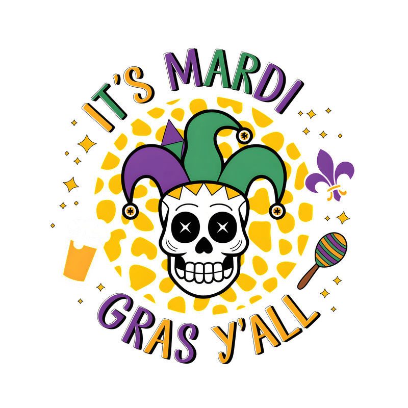 Celebrate Mardi Gras with this vibrant design featuring festive colors, a cheerful vibe, and decorative symbols of the celebration!DTF Transfers