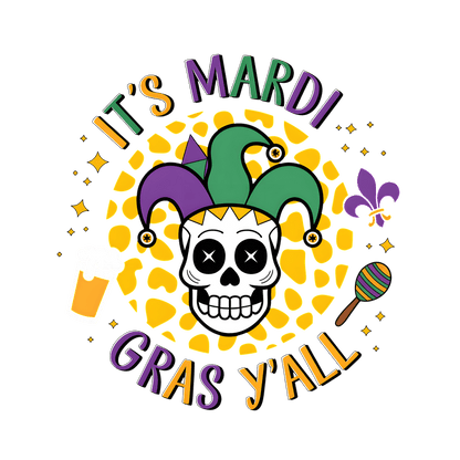 Celebrate Mardi Gras with this vibrant design featuring festive colors, a cheerful vibe, and decorative symbols of the celebration!DTF Transfers