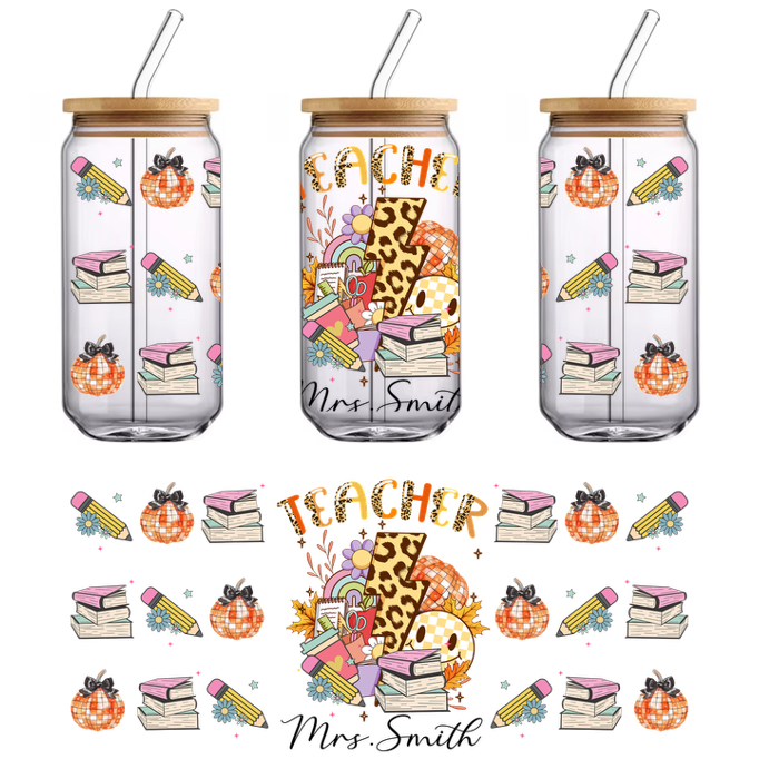 A vibrant and playful teacher-themed illustration featuring books, school supplies, and stylish patterns, celebrating the joy of education.UV Transfersdtf regular iron