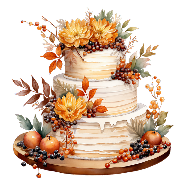 A beautifully decorated three-tier cake adorned with vibrant autumn flowers, fruits, and leaves, perfect for seasonal celebrations.dtf regular iron