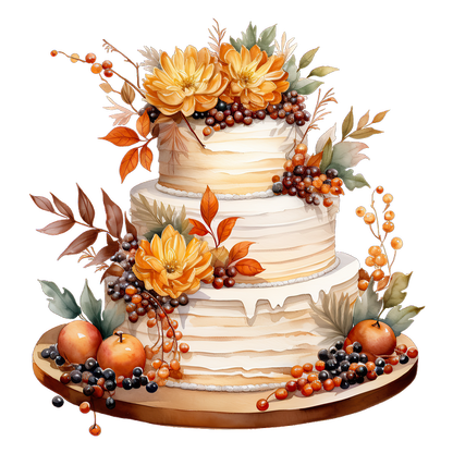 A beautifully decorated three-tier cake adorned with vibrant autumn flowers, fruits, and leaves, perfect for seasonal celebrations.dtf regular iron