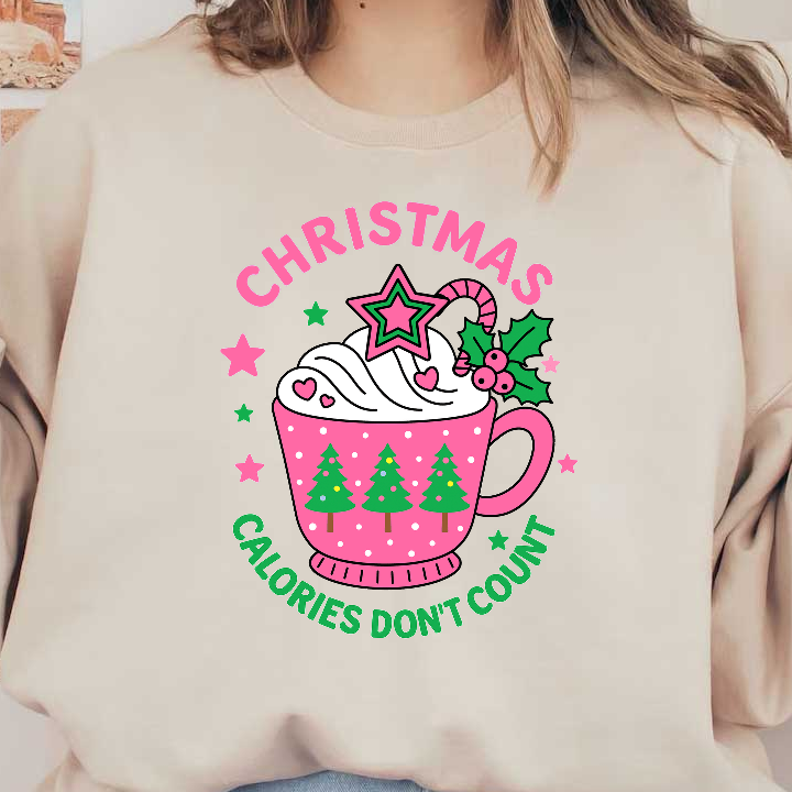Cute pink Christmas mug filled with whipped cream, featuring trees and festive decorations!DTF Transfers