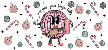 This playful illustration features a cheerful pink disco ball character holding a drink, surrounded by festive candy canes and smiling ornaments.UV Transfers