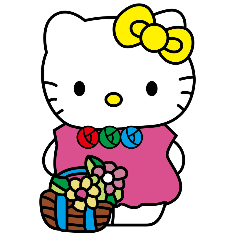 Meet Hello Kitty, wearing a cute pink dress adorned with colorful candies, and holding a basket of vibrant flowers!DTF Transfers