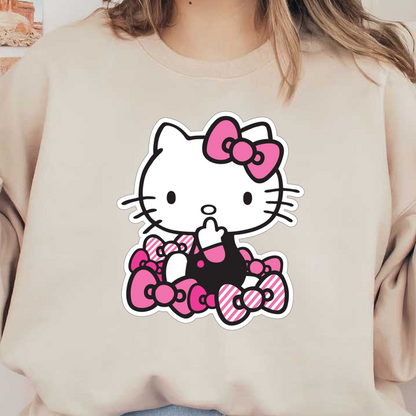 A playful illustration of Hello Kitty surrounded by colorful bows, showcasing her iconic design with a cheerful black and pink outfit.DTF Transfers