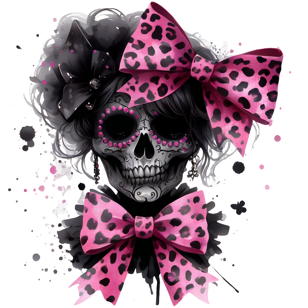 Una elegante ilustración de calavera adornada con atrevidos lazos con estampado de leopardo en tonos rosas y negros, que combinan elementos atrevidos y divertidos.