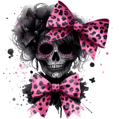 Una elegante ilustración de calavera adornada con atrevidos lazos con estampado de leopardo en tonos rosas y negros, que combinan elementos atrevidos y divertidos.