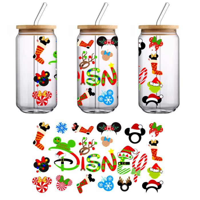 Celebrate the holiday season with this festive Disney-themed graphic featuring colorful Christmas icons and cheerful designs!UV Transfers