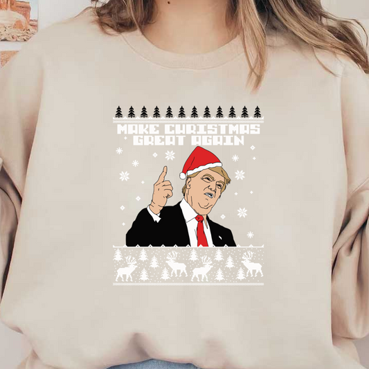 A festive graphic featuring a character in a Santa hat with the phrase "Make Christmas Great Again" surrounded by holiday motifs.DTF Transfers dtf transfers dtf prints