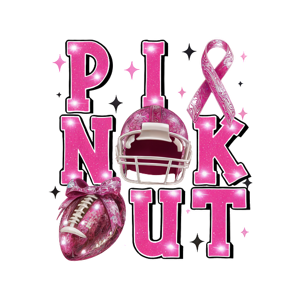 Celebrate with this vibrant "Pink Out" graphic featuring a pink football, helmet, and ribbon, emphasizing support and awareness.DTF Transfersdtf regular iron