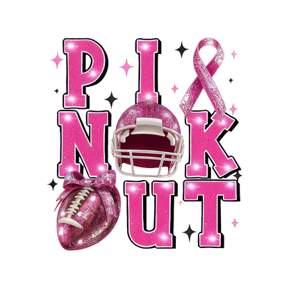 Celebrate with this vibrant "Pink Out" graphic featuring a pink football, helmet, and ribbon, emphasizing support and awareness.DTF Transfersdtf regular iron