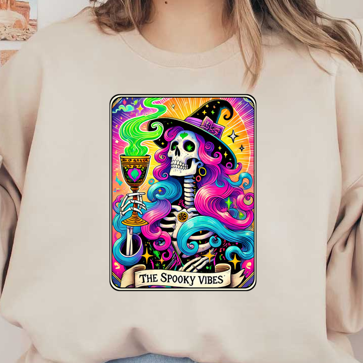 A vibrant illustration of a skeleton witch with colorful hair, holding a magical goblet and surrounded by swirling green smoke.dtf regular iron