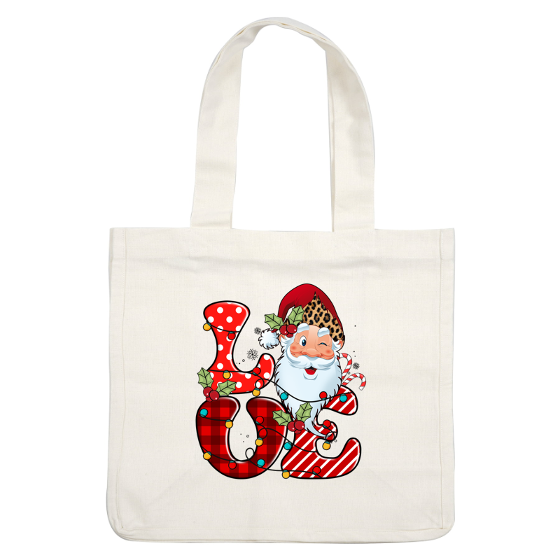 A whimsical Christmas design featuring Santa winking beside the festive word "LOVE," adorned with colorful lights and holly.dtf regular iron