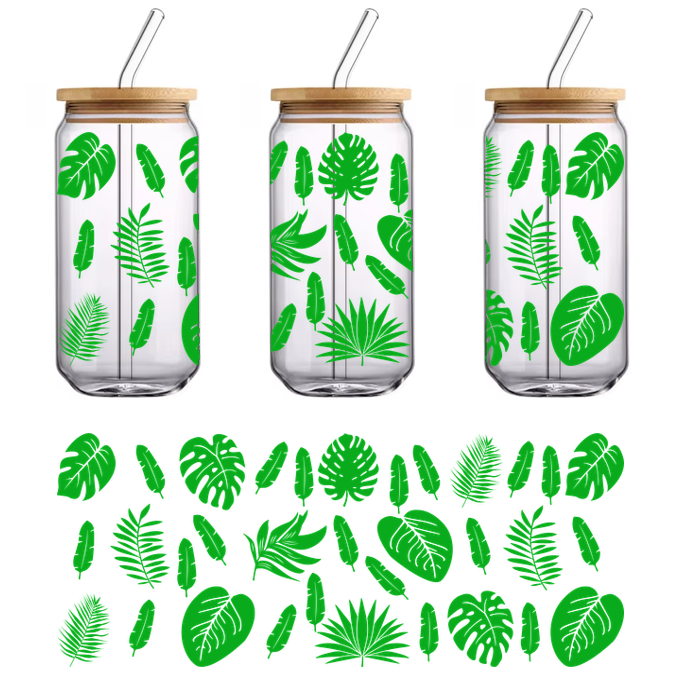 A vibrant assortment of green tropical leaves, showcasing various shapes and sizes, perfect for a nature-inspired design.UV Transfers dtf transfers