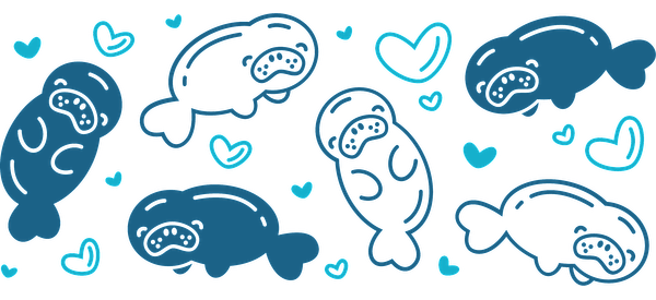 A playful pattern featuring cartoon manatees surrounded by cute hearts.UV Transfers