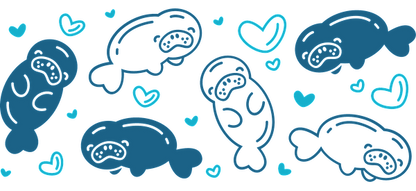 A playful pattern featuring cartoon manatees surrounded by cute hearts.UV Transfers