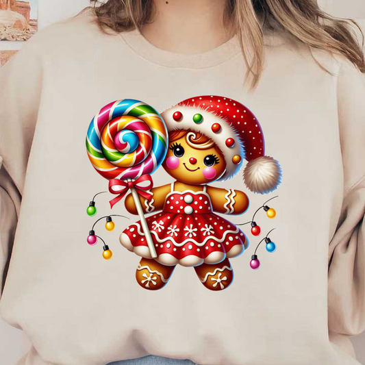 This cheerful gingerbread girl in a festive red dress and Santa hat holds a vibrant lollipop, embodying holiday spirit.DTF Transfers