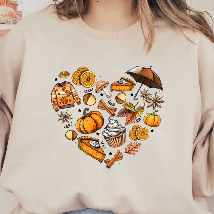 Una colorida ilustración con temática otoñal que presenta calabazas, pasteles, ramas de canela, suéteres acogedores y varios accesorios de temporada en forma de corazón.