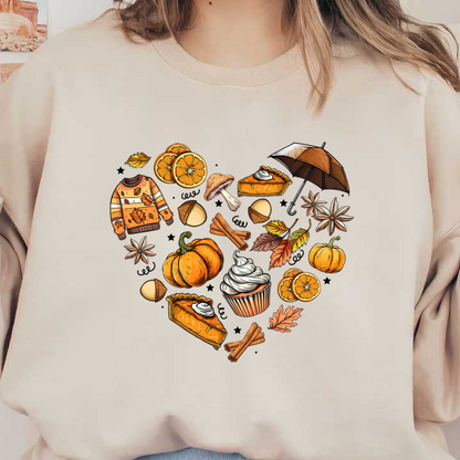 Una colorida ilustración con temática otoñal que presenta calabazas, pasteles, ramas de canela, suéteres acogedores y varios accesorios de temporada en forma de corazón.