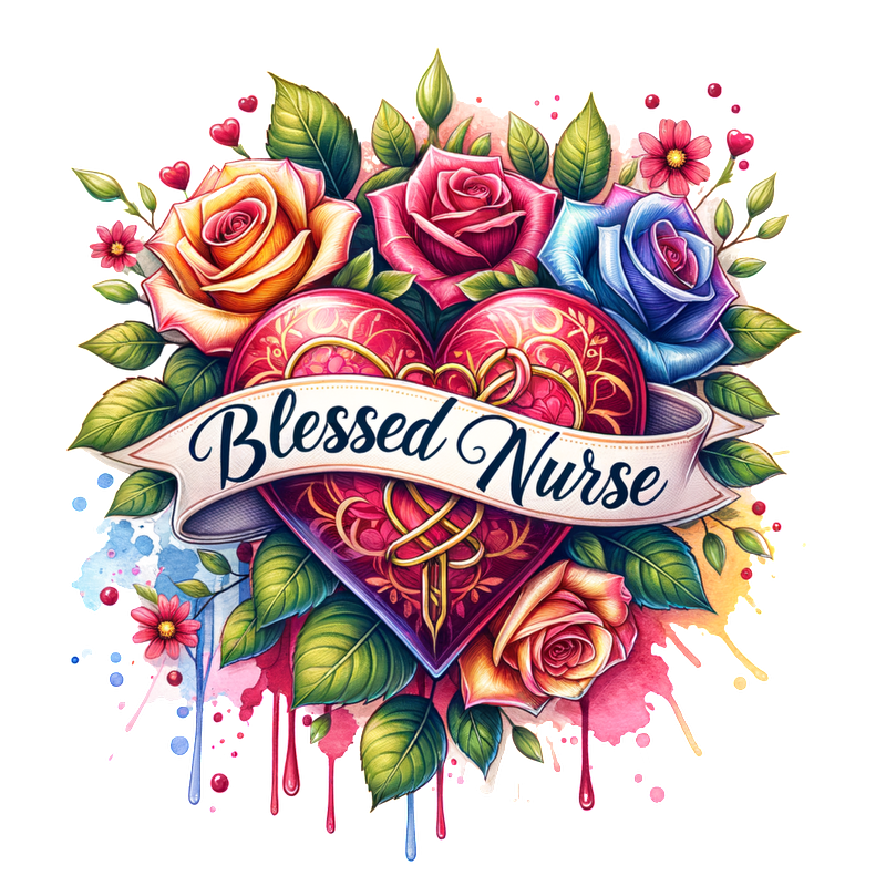 A vibrant design featuring a heart surrounded by colorful roses and the text "Blessed Nurse" on a watercolor backdrop.DTF Transfers