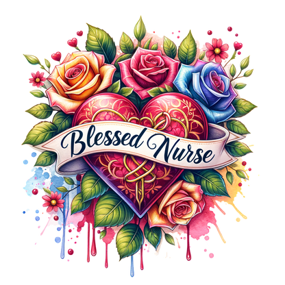 A vibrant design featuring a heart surrounded by colorful roses and the text "Blessed Nurse" on a watercolor backdrop.DTF Transfers