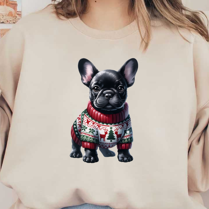 Este adorable bulldog francés negro lleva un suéter festivo adornado con renos y árboles de Navidad.