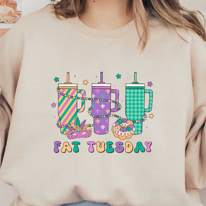 Celebrate Fat Tuesday with colorful drinks, festive beads, a vibrant mask, and a delicious donut, all in a fun design!DTF Transfers