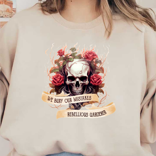 Un diseño llamativo que presenta una calavera entrelazada con rosas y enredaderas, acompañada del texto "Enterramos nuestros errores, jardinero rebelde".