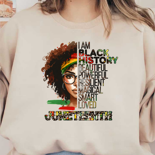 A vibrant illustration celebrating Black history, featuring a woman with curly hair and colorful headwear, emphasizing empowerment and resilience. heat press transfers