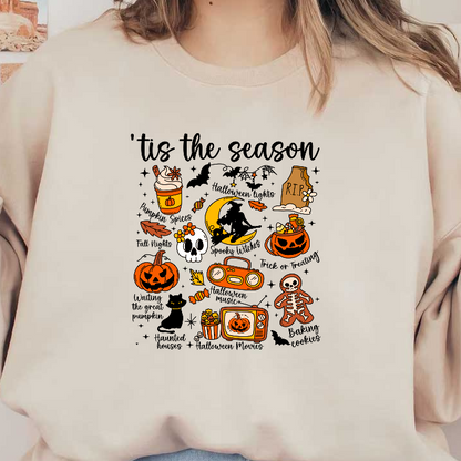 A festive Halloween-themed illustration featuring pumpkins, skulls, and spooky elements.DTF Transfers