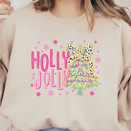 Celebrate the holiday spirit with this colorful and cheerful "Holly Jolly" design featuring a fun decorative Christmas tree and sparkly accents!DTF Transfers